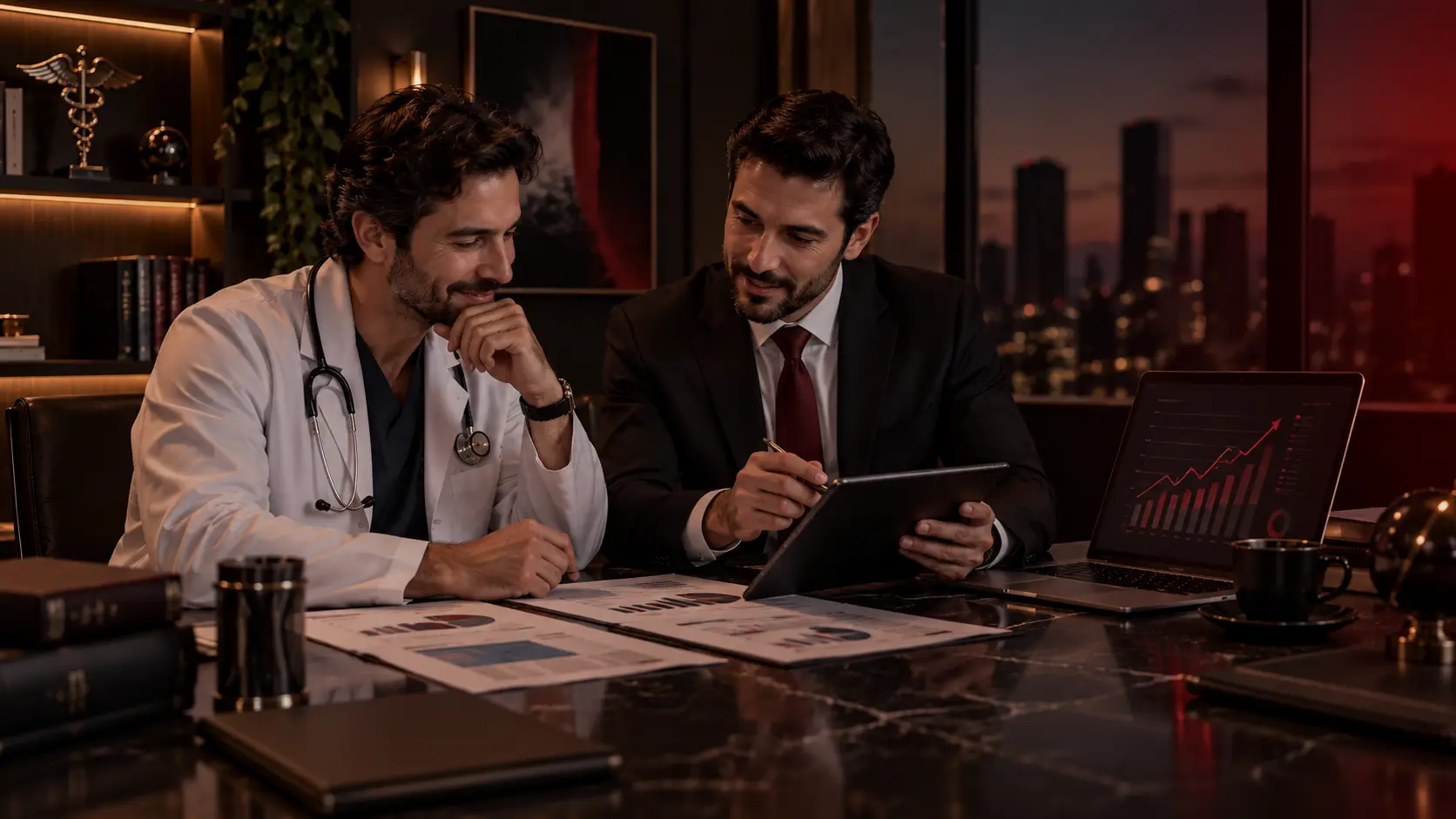 Médico e contador analisando juntos informações financeiras e fiscais